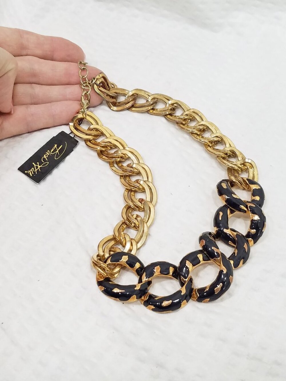 Vintage Signed Birch Hill Chunky Black Enamel Goldtone Curb Link Choker Necklace